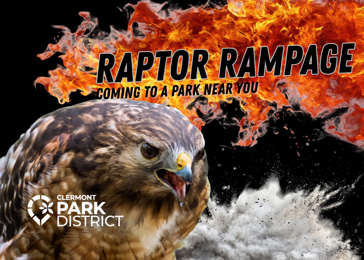 closeup of a hawk with flames and explosions in the background, Raptor Rampage coming to a park near you is in bold black lettering